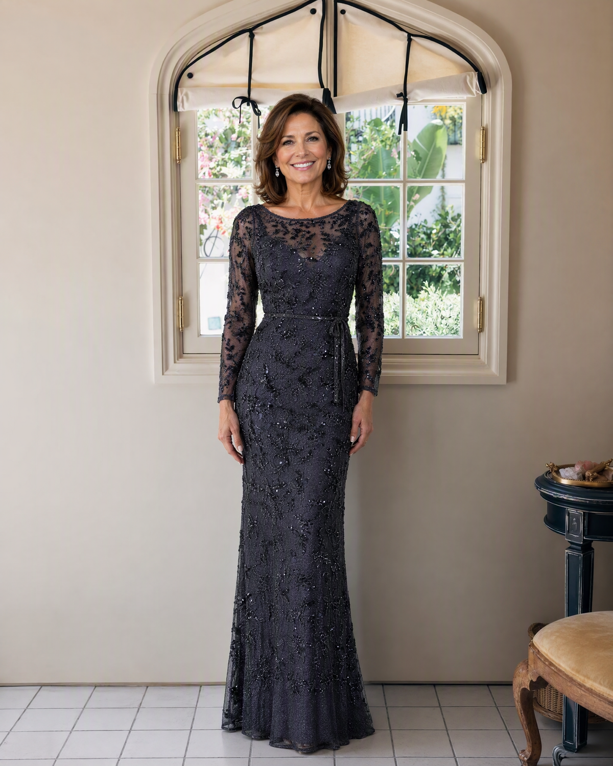 Illusion lace long-sleeve sheath mother-of-the-bride dress, dark navy with fitted silhouette
