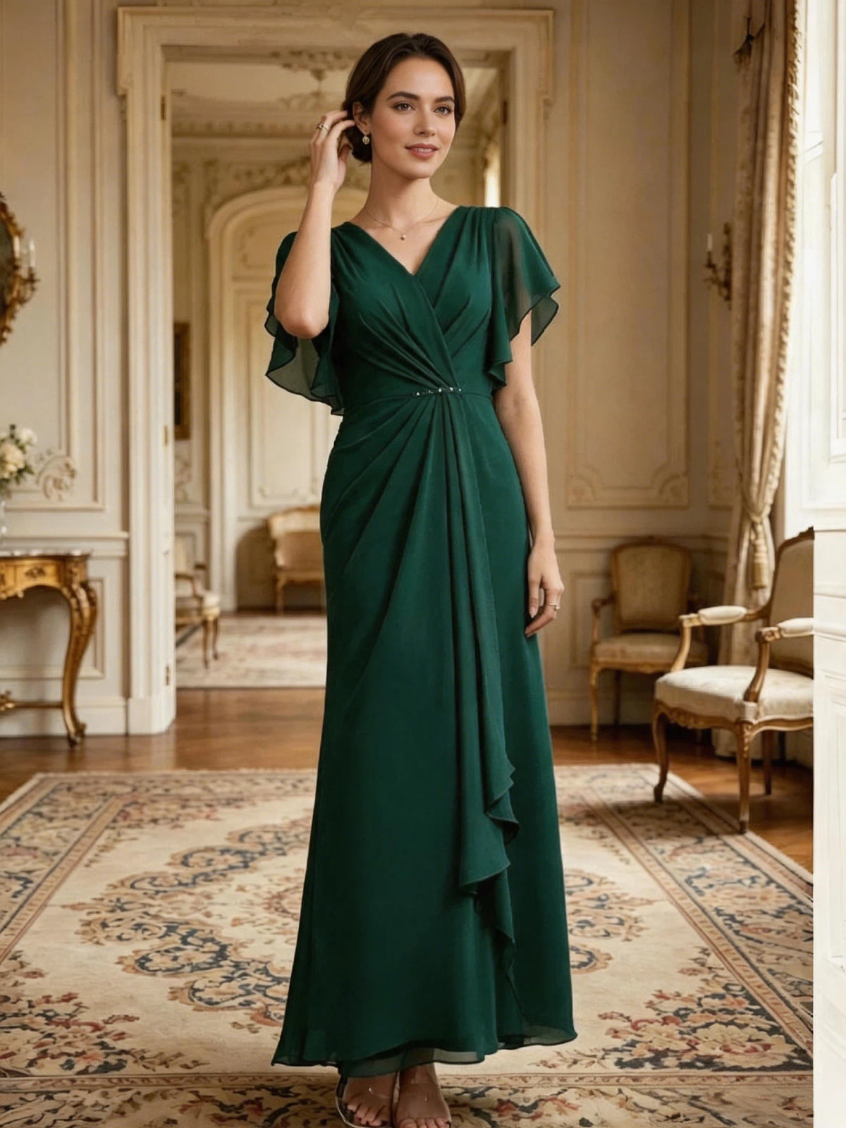Deep green chiffon A-line mother-of-the-bride dress, V-neck, flutter sleeves, beaded waist
