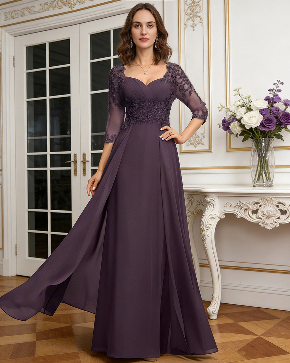 long sweetheart mother of the bride dress with lace three-quarter sleeves and flowing chiffon A-line skirt