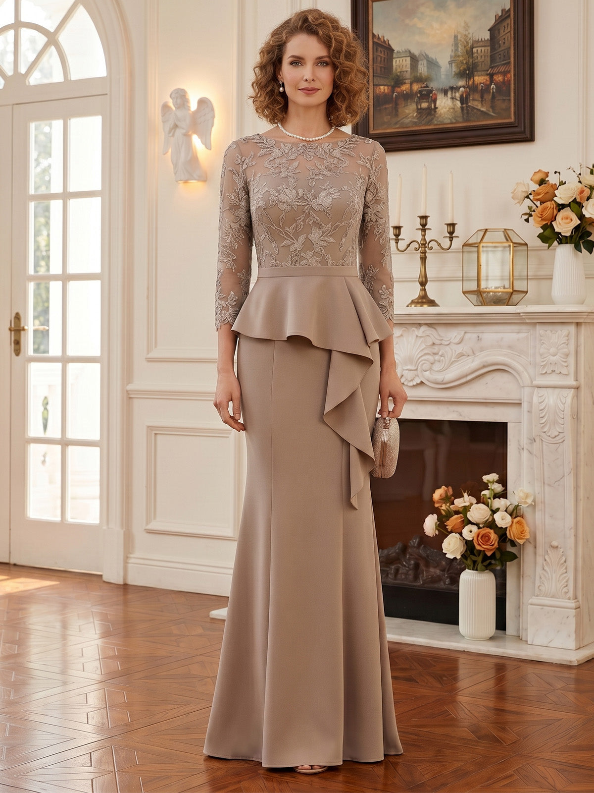 long mother of the bride dress with lace illusion bodice, peplum waist, and mermaid skirt