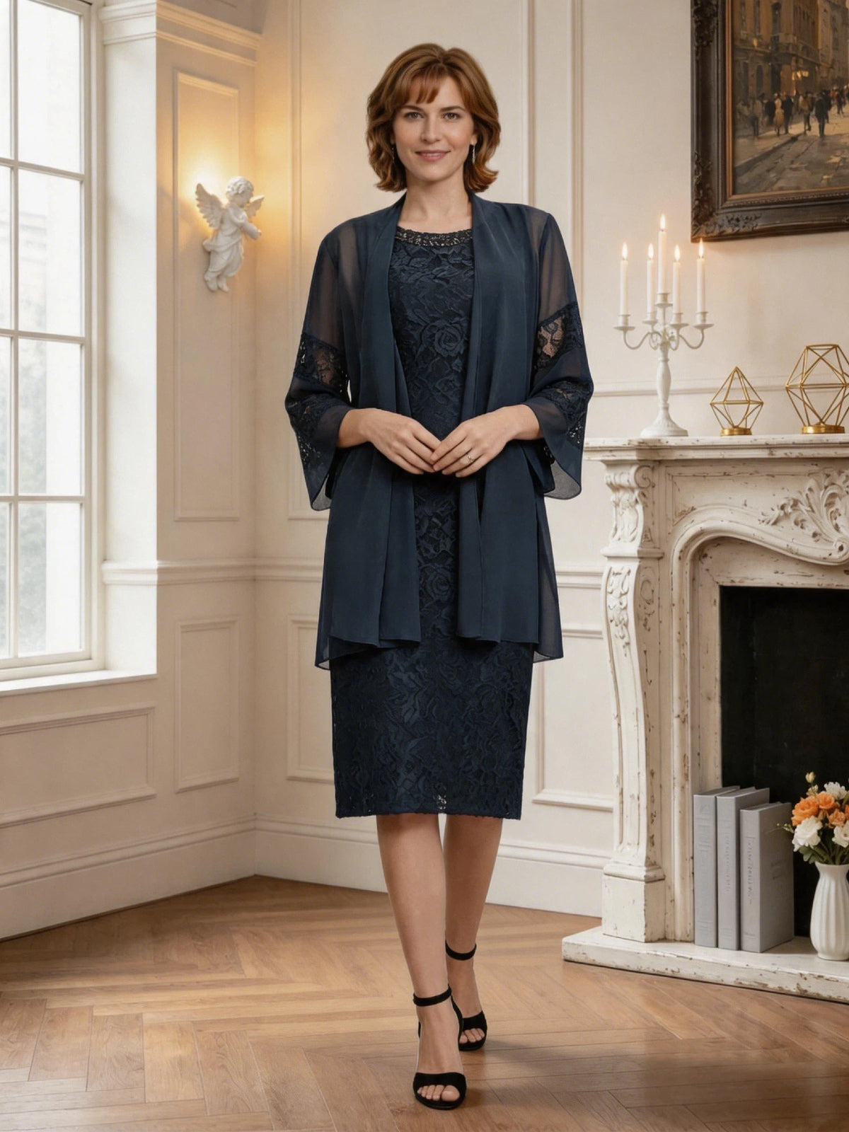 knee length lace mother of the bride dress with matching sheer chiffon jacket full length product view for ceremony and reception occasions