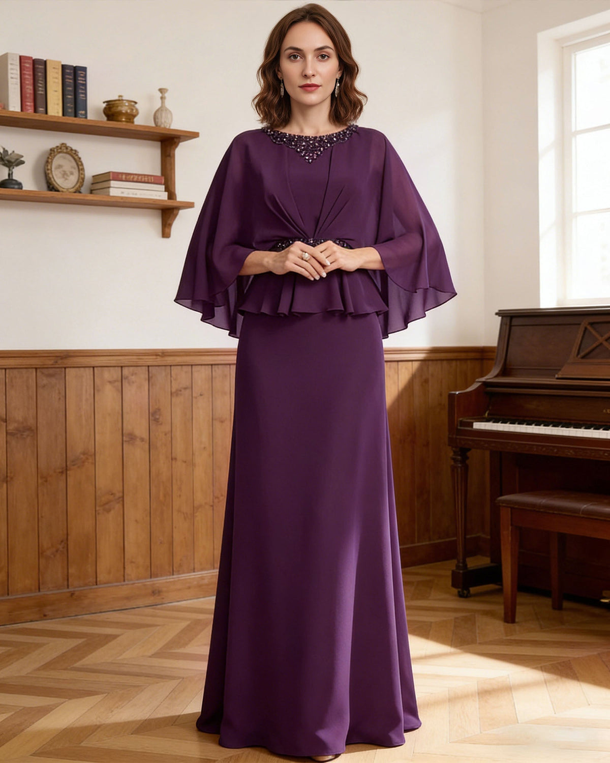 Purple long formal gown with beaded neckline, capelet sleeves, and layered peplum hem.