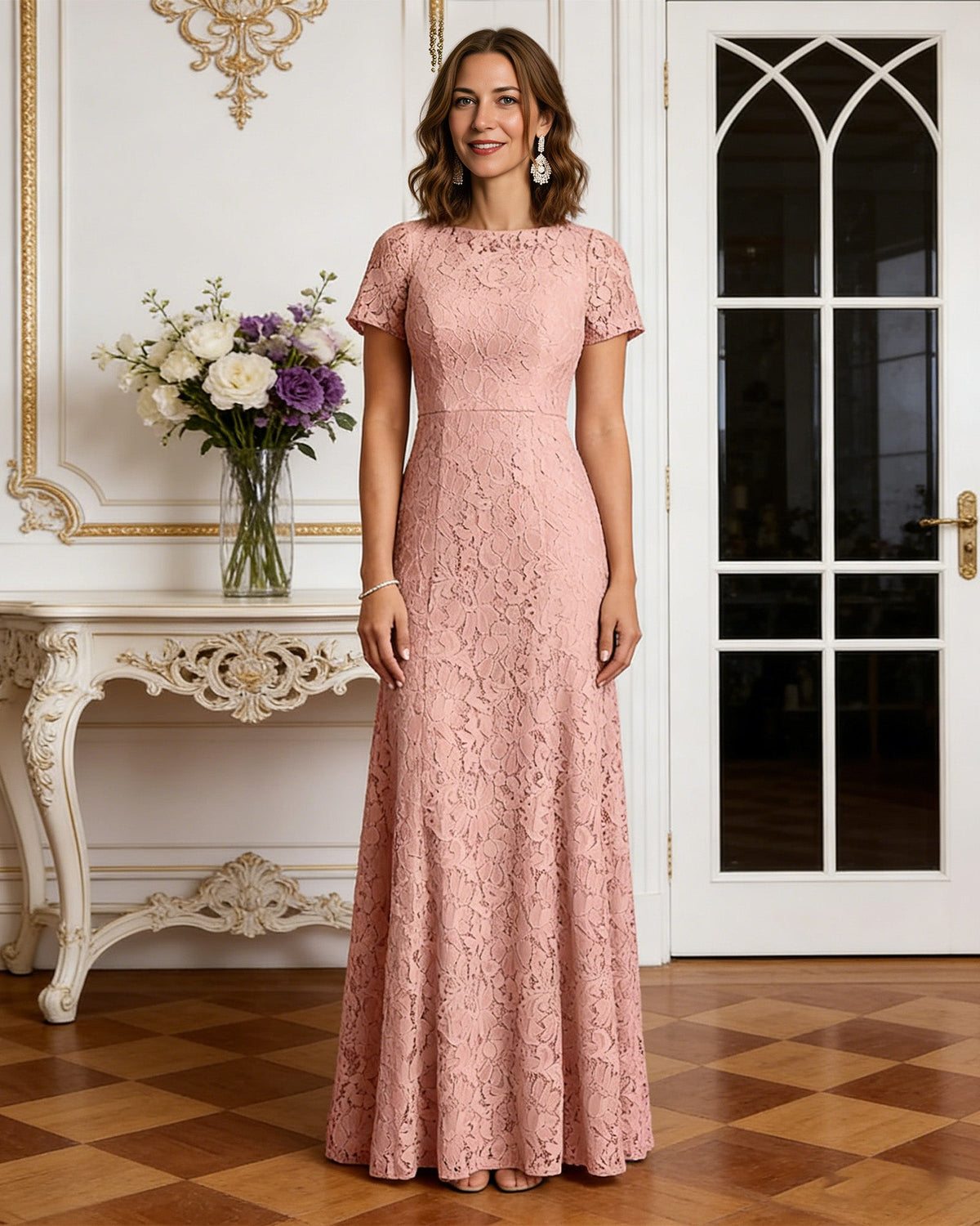 long lace mother of the bride mermaid dress with crew neckline and short sleeves