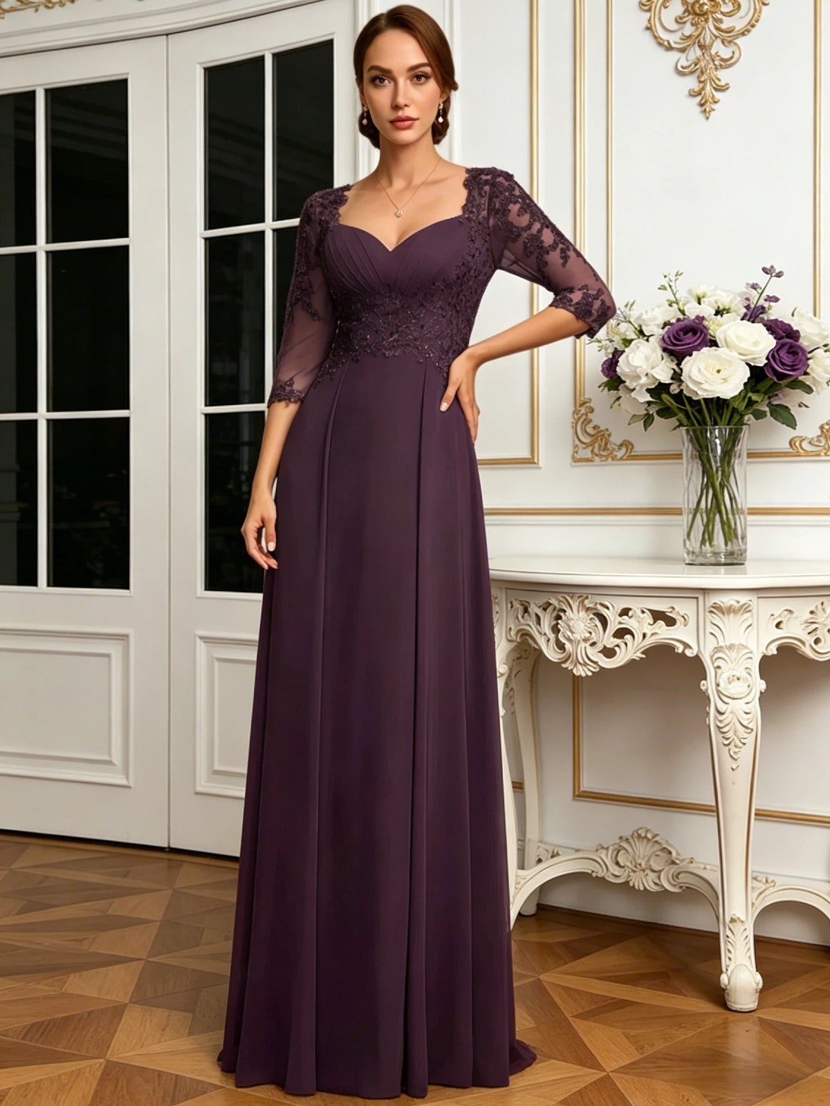 long sweetheart mother of the bride dress with lace jacket, chiffon skirt, and A-line silhouette