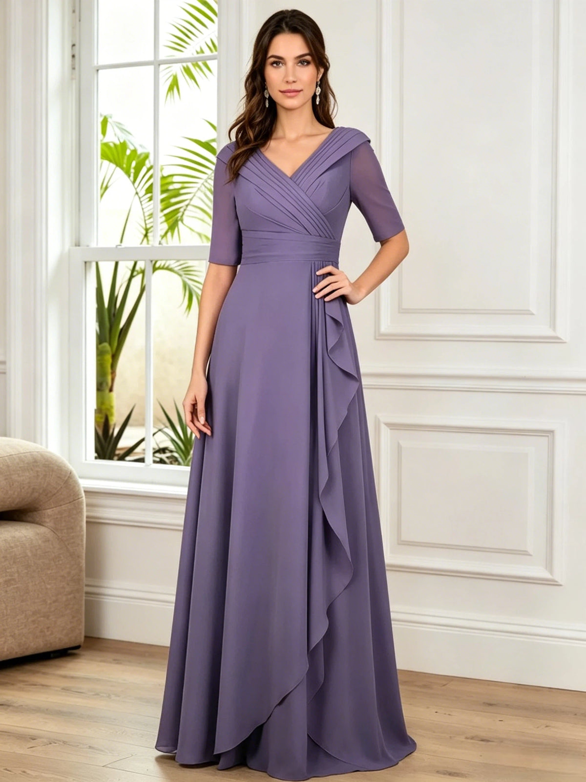 Lilac chiffon V-neck A-line dress with half sleeves and side ruffle drape