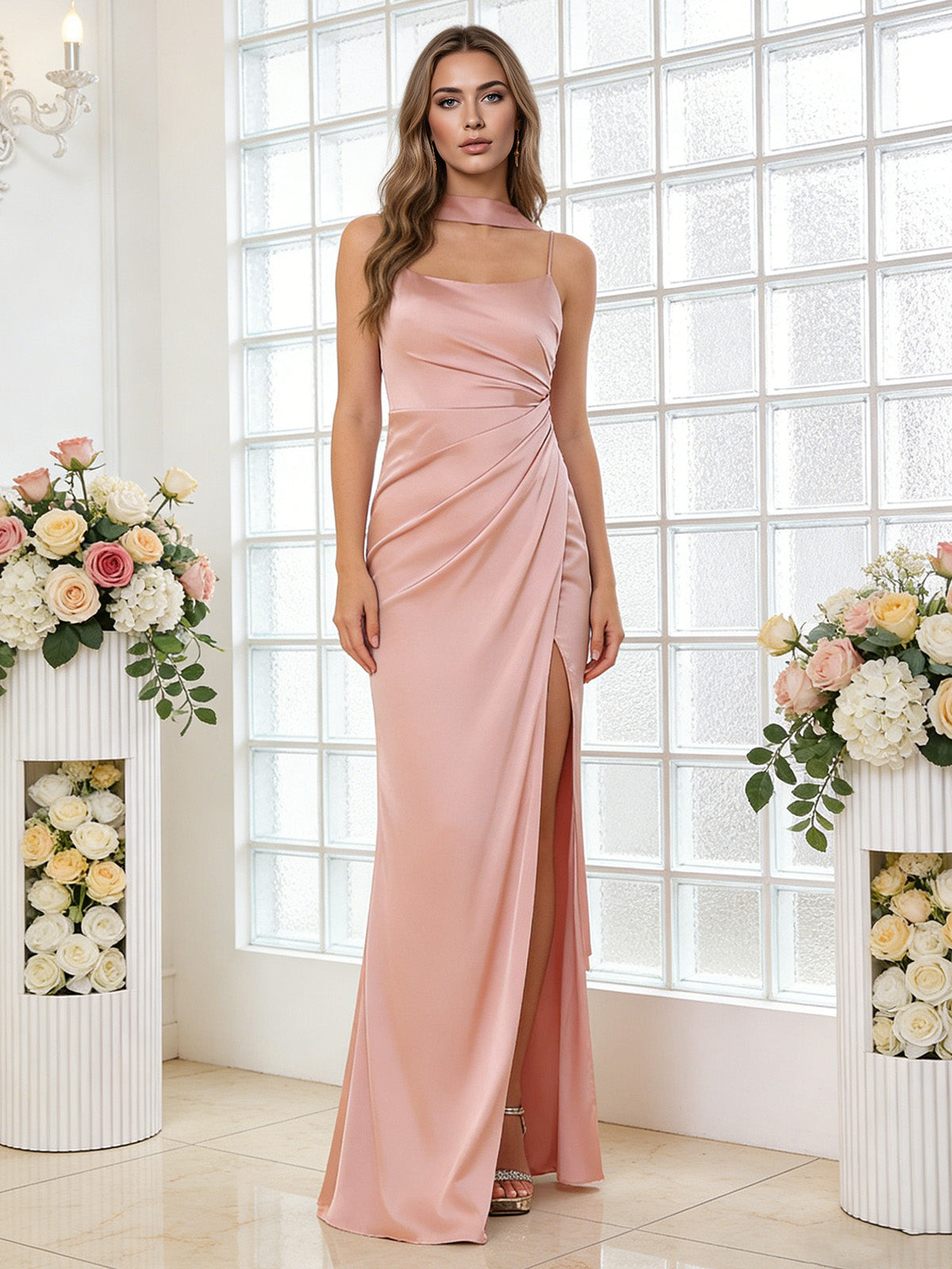 Blush pink one-shoulder satin dress with ruched drape and high side slit