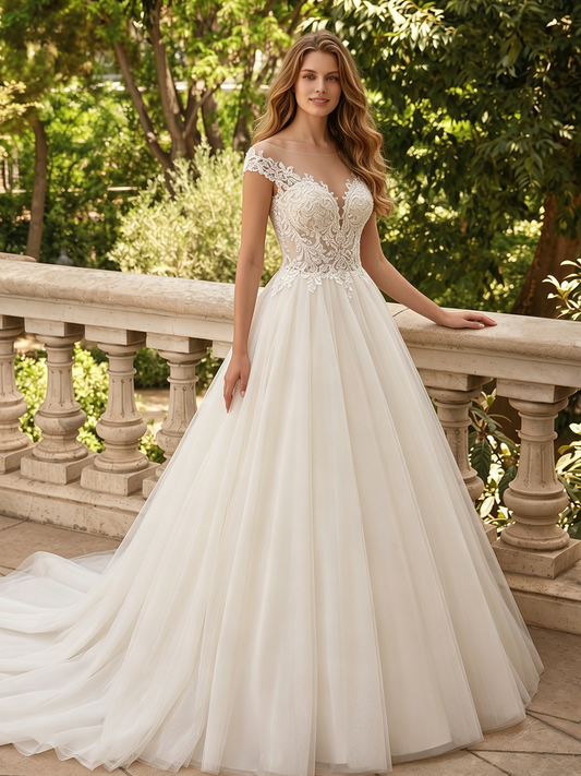 spaghetti strap lace tulle ball gown wedding dress with floral bodice - image 2