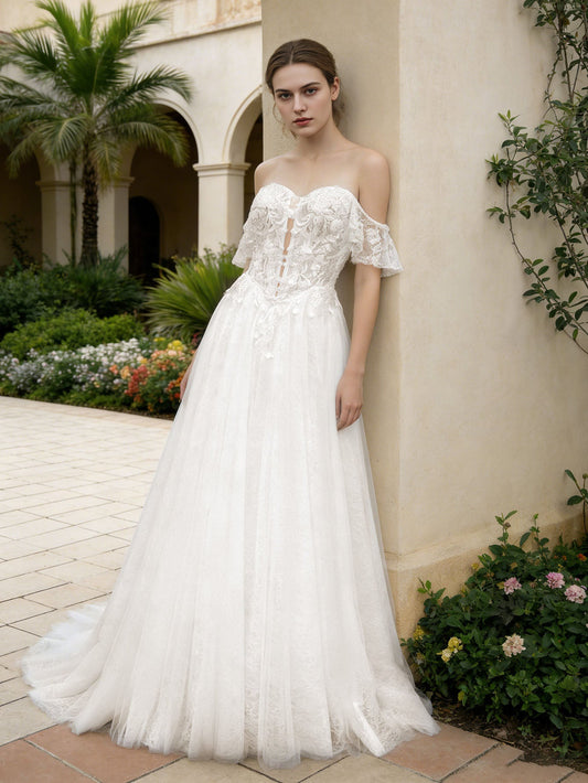 off shoulder lace tulle A-line wedding dress with flutter sleeve - image 2