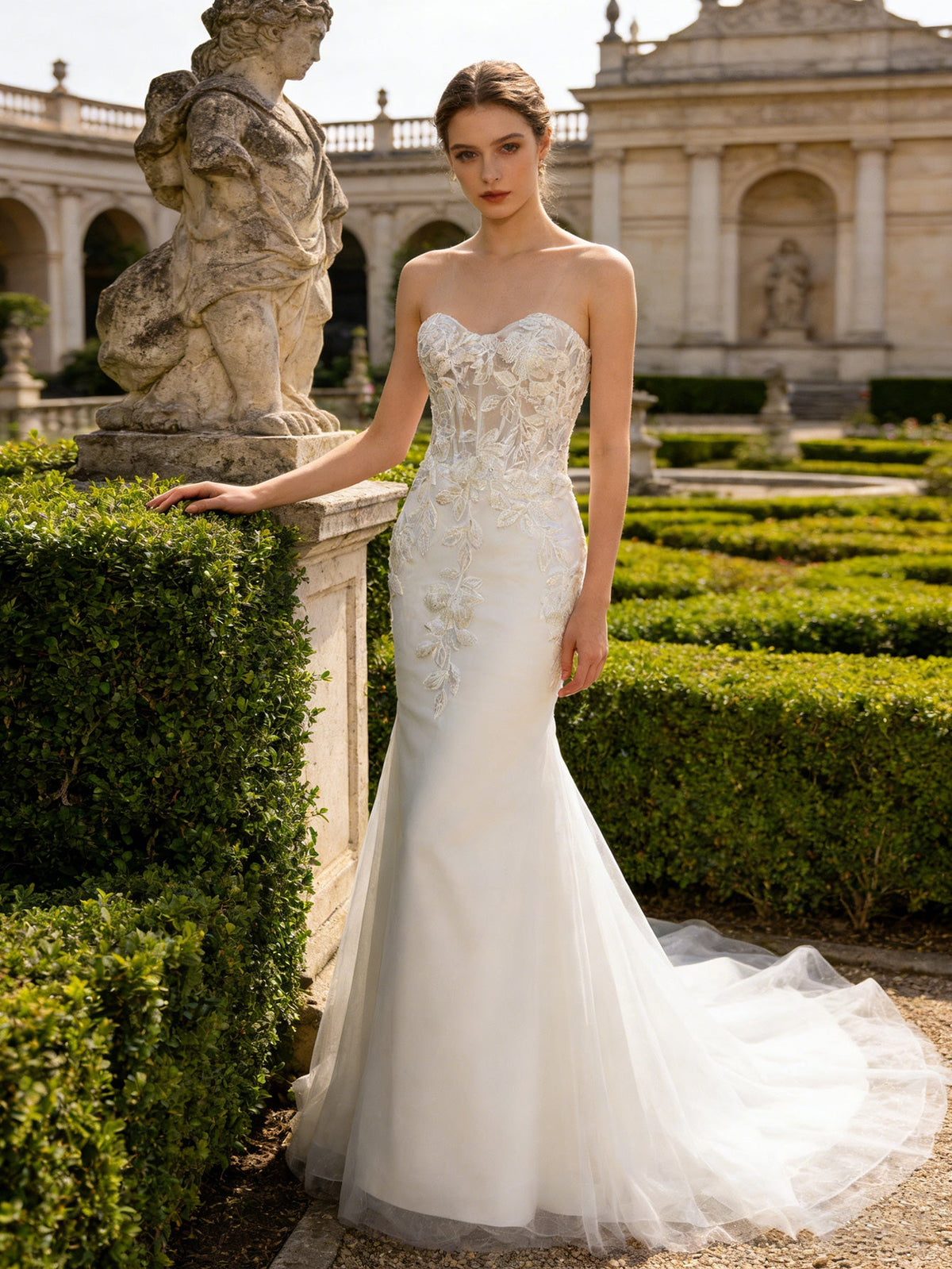 strapless lace mermaid wedding dress with sheer bodice and train - image 2