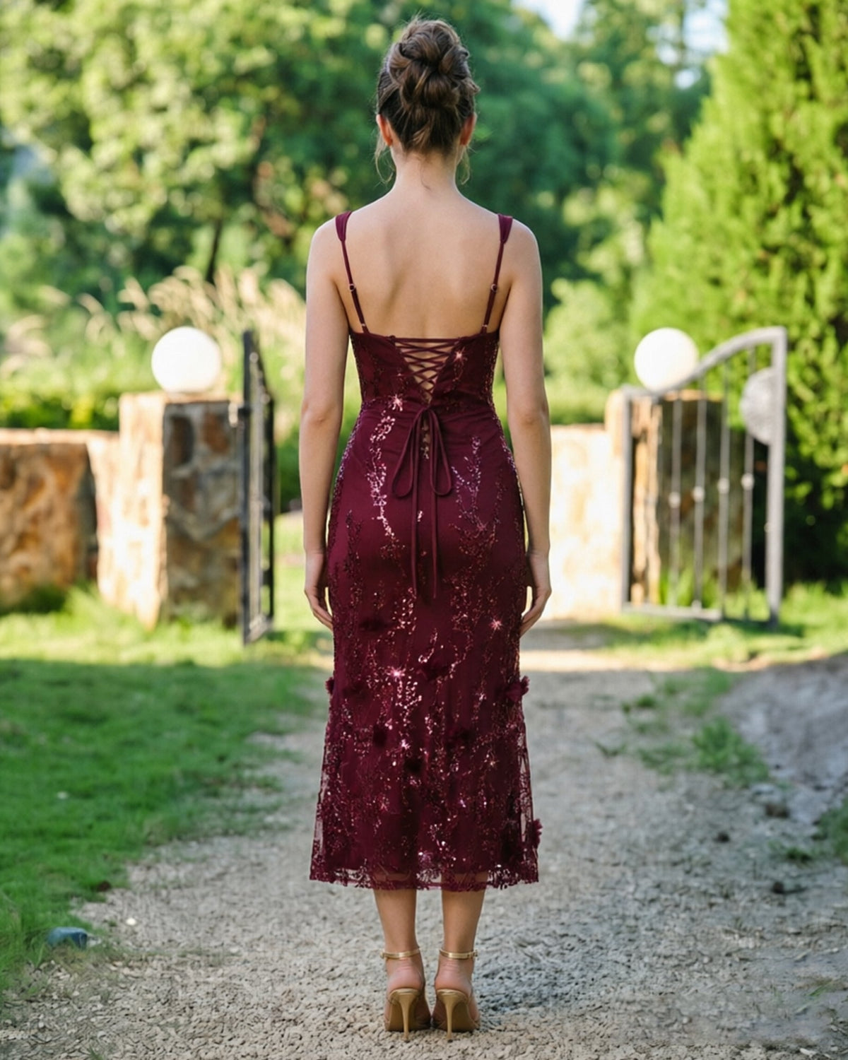 Burgundy sequin lace midi formal dress, open back with crisscross straps and floral appliques