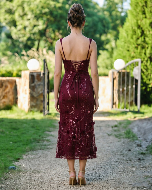 Burgundy sequin lace midi formal dress, open back with crisscross straps and floral appliques