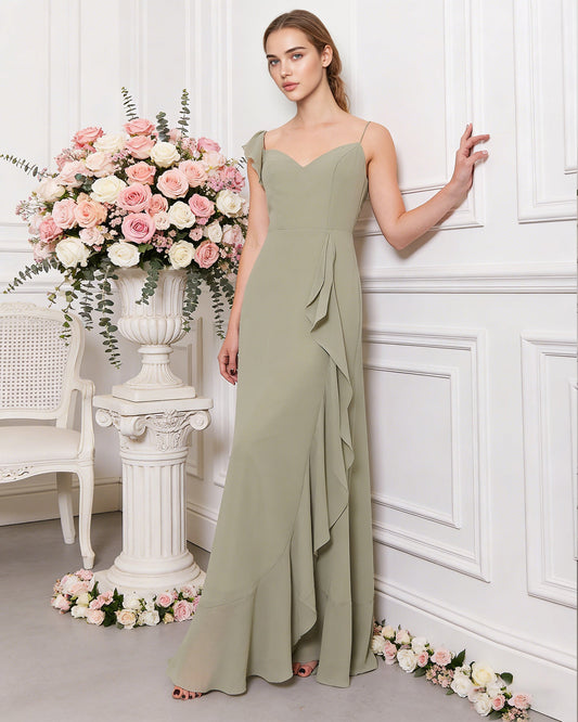 Sage green V-neck ruffle strap bridesmaid dress with cascading chiffon drape