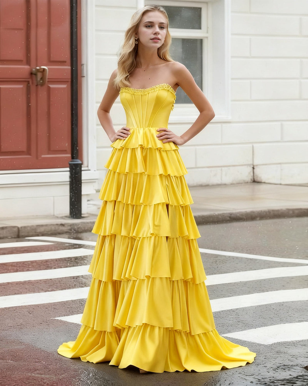 strapless yellow tiered ruffle A-line prom dress - image 2