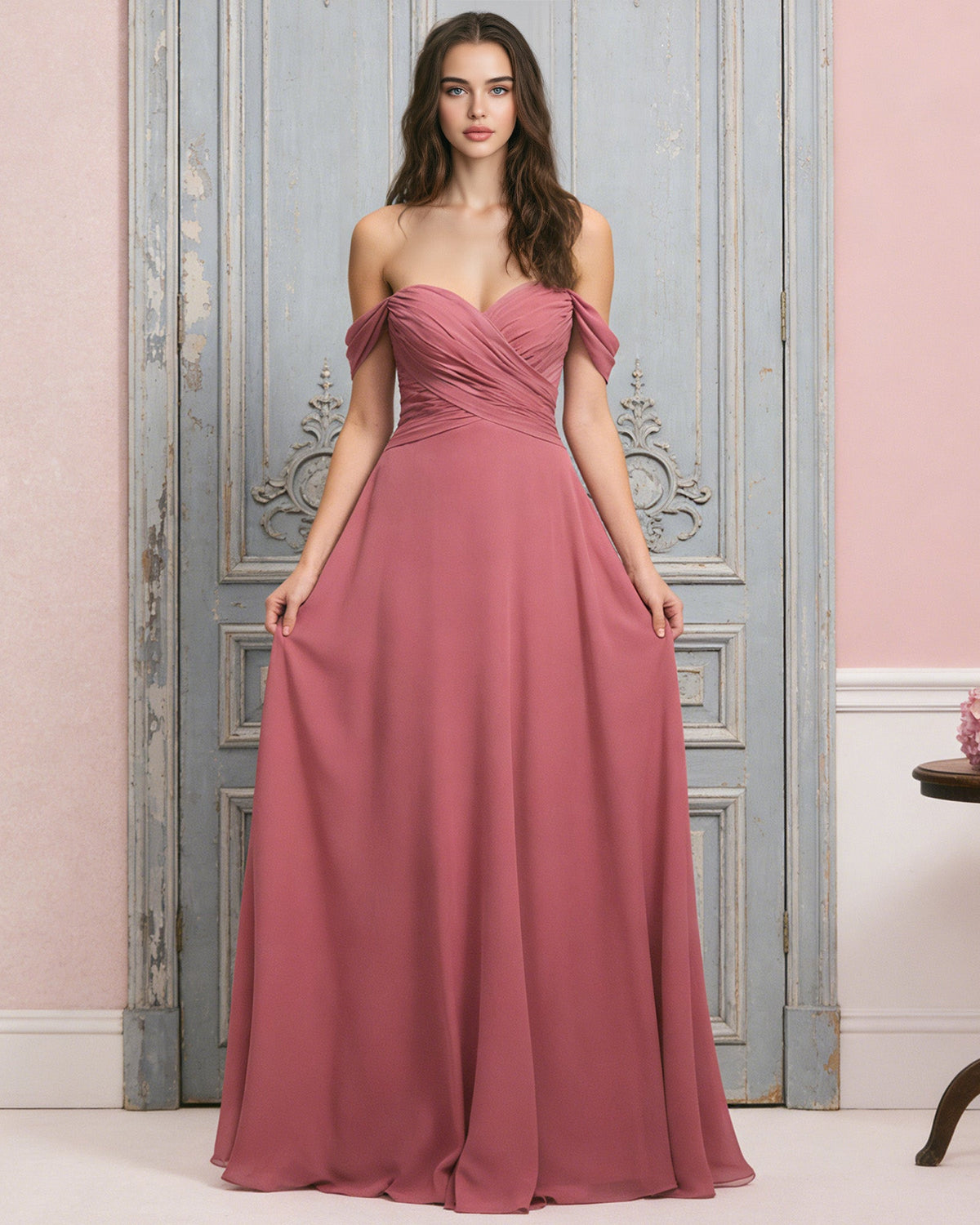 off shoulder chiffon bridesmaid dress with draped bodice and A-line skirt - image 3