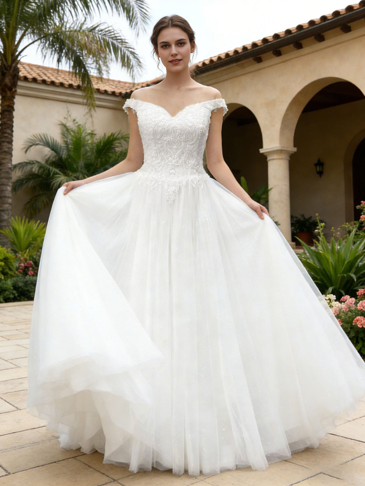 White off-shoulder lace tulle A-line wedding dress with sweetheart neckline, side view
