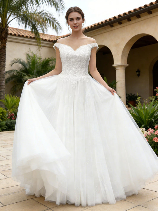 off shoulder lace tulle A-line wedding dress with sweetheart bodice - image 2
