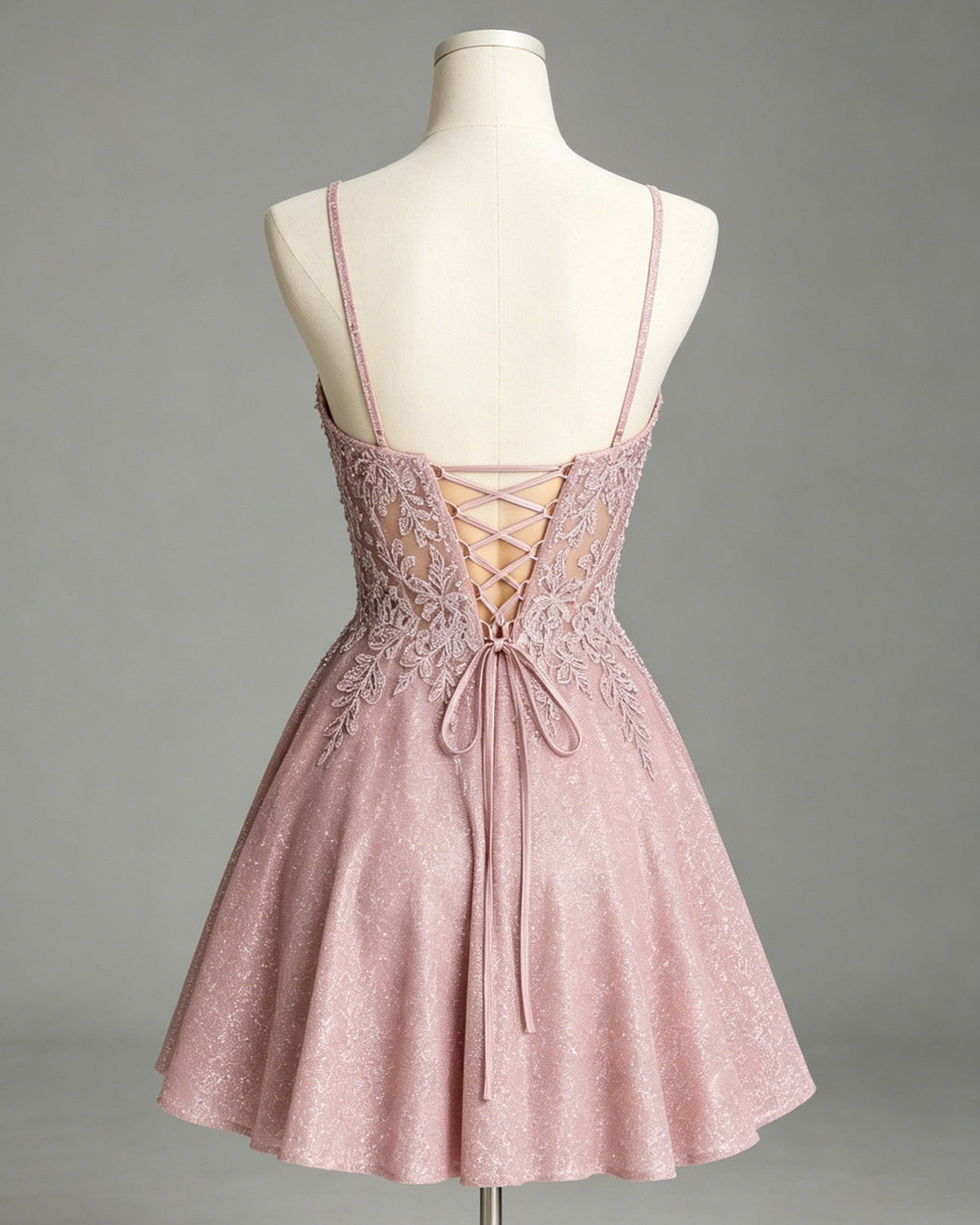 spaghetti strap lace corset glitter A-line homecoming dress - view 2