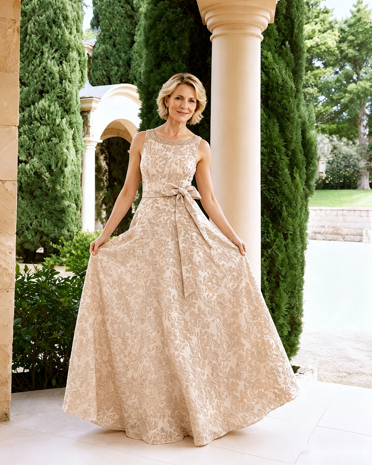 Champagne beige sleeveless lace A-line dress with tied waist sash bow and full skirt