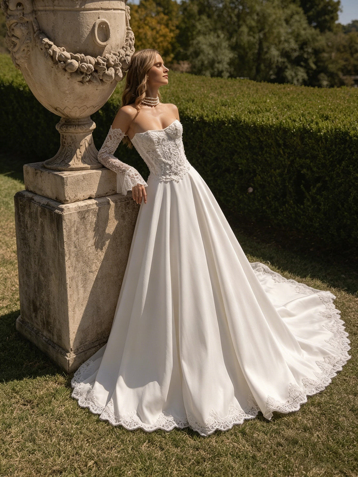 off shoulder lace ball gown wedding dress with corset back and train - image 2