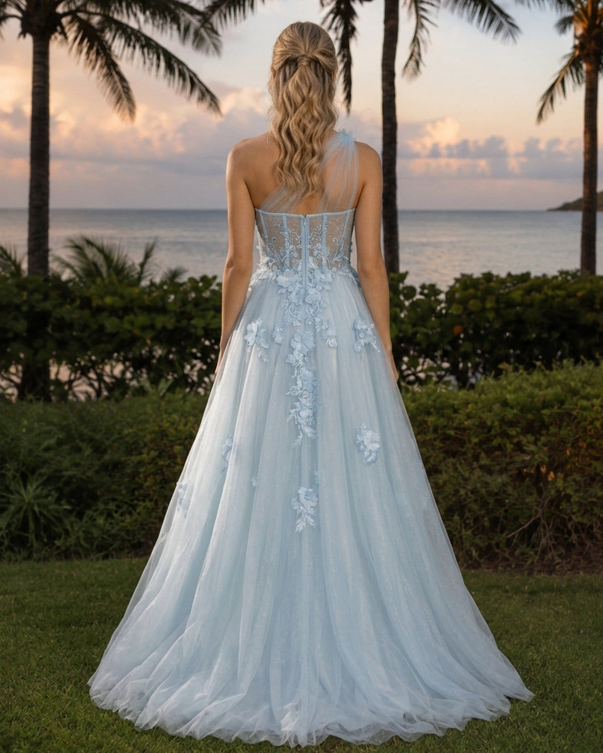 One-shoulder light blue tulle prom dress, corset back detail with floral applique