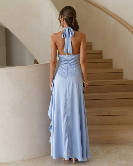 light blue plunging halter satin high-low formal dress with draped waist - back view showing the halter tie - image 2