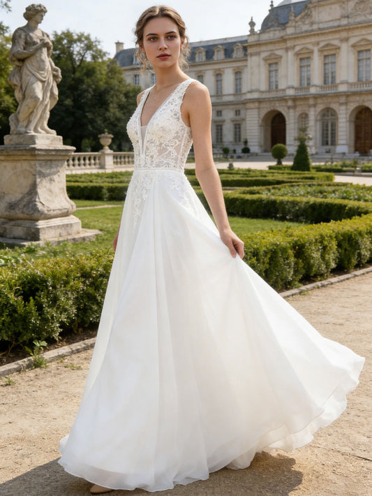 sleeveless V-neck lace tulle A-line wedding dress with illusion bodice - image 2