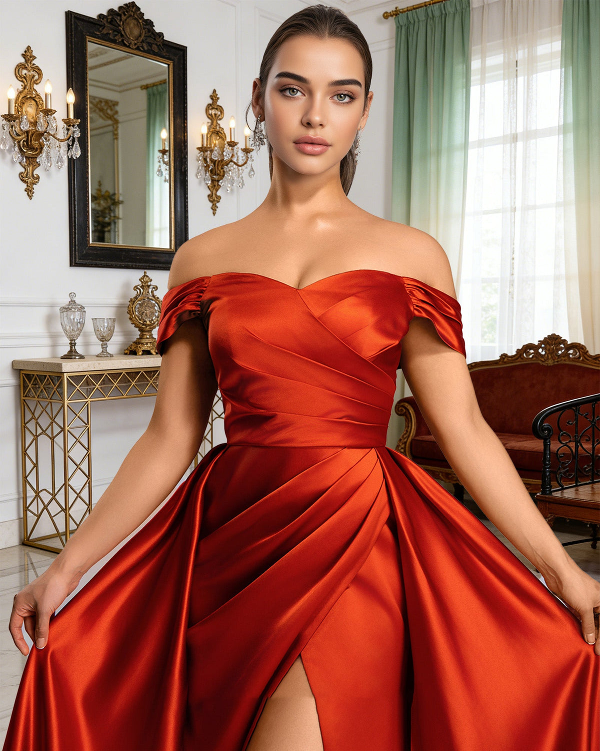 Red off-shoulder satin ball gown with sweetheart neckline and high front slit