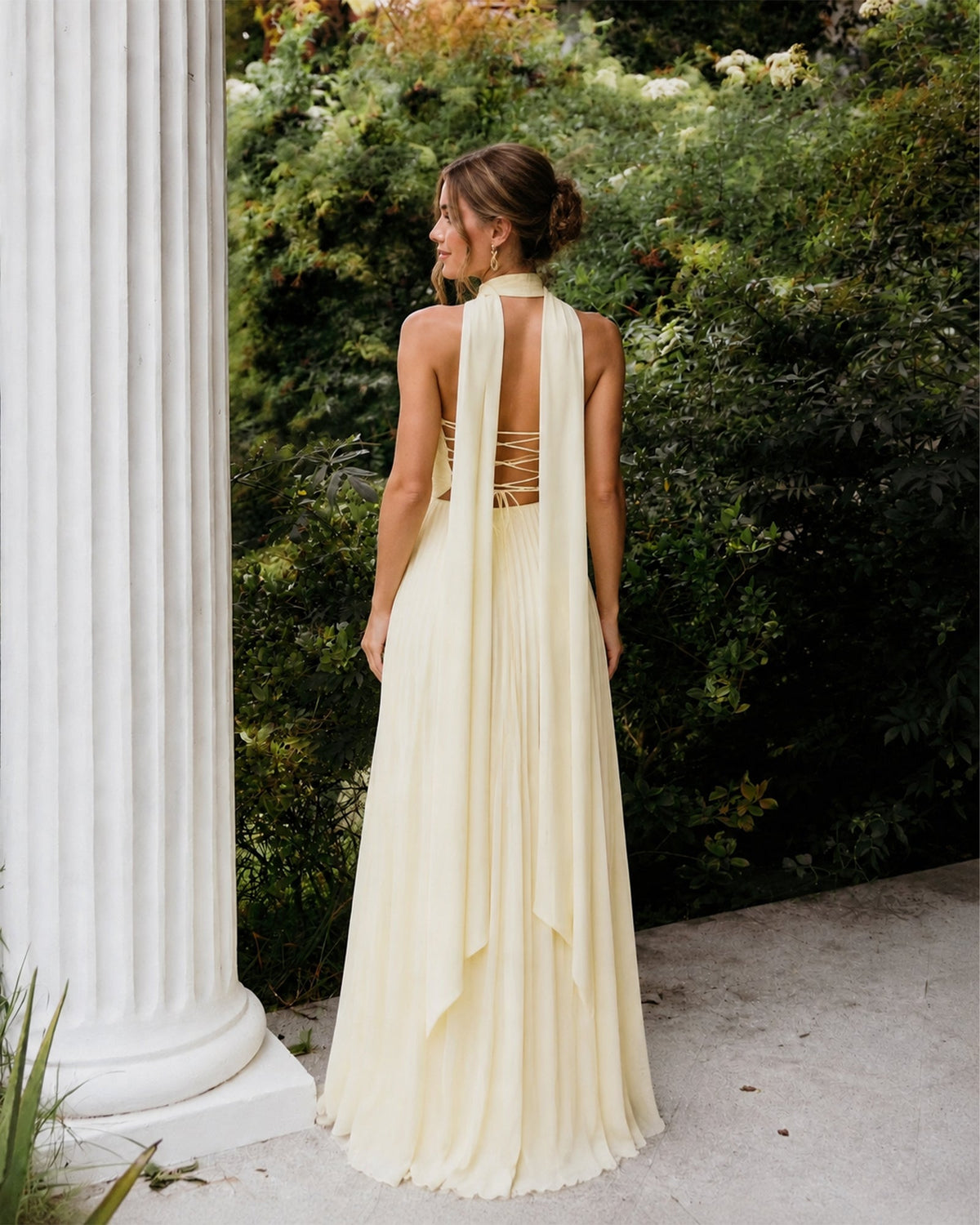 Strapless chiffon A-line bridesmaid dress with neck scarf, pale champagne yellow