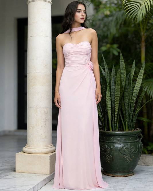 Strapless pale pink chiffon bridesmaid dress with wrapped bodice and gathered side bow