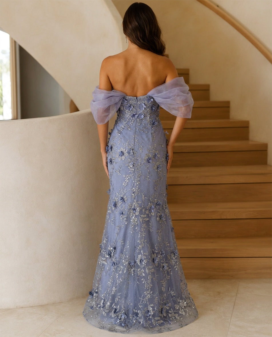 Light blue off-shoulder sweetheart lace mermaid prom dress, back view with sheer sleeve ruffles