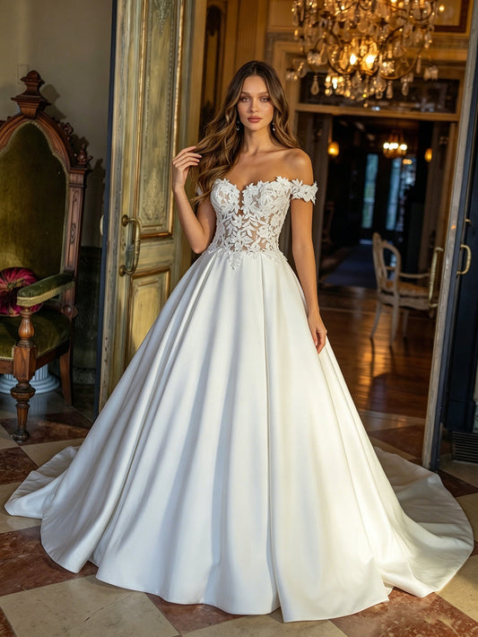 off shoulder satin ball gown wedding dress with beaded lace bodice - image 2