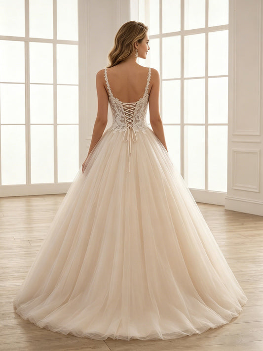 spaghetti strap lace tulle ball gown wedding dress with beaded bodice - image 2