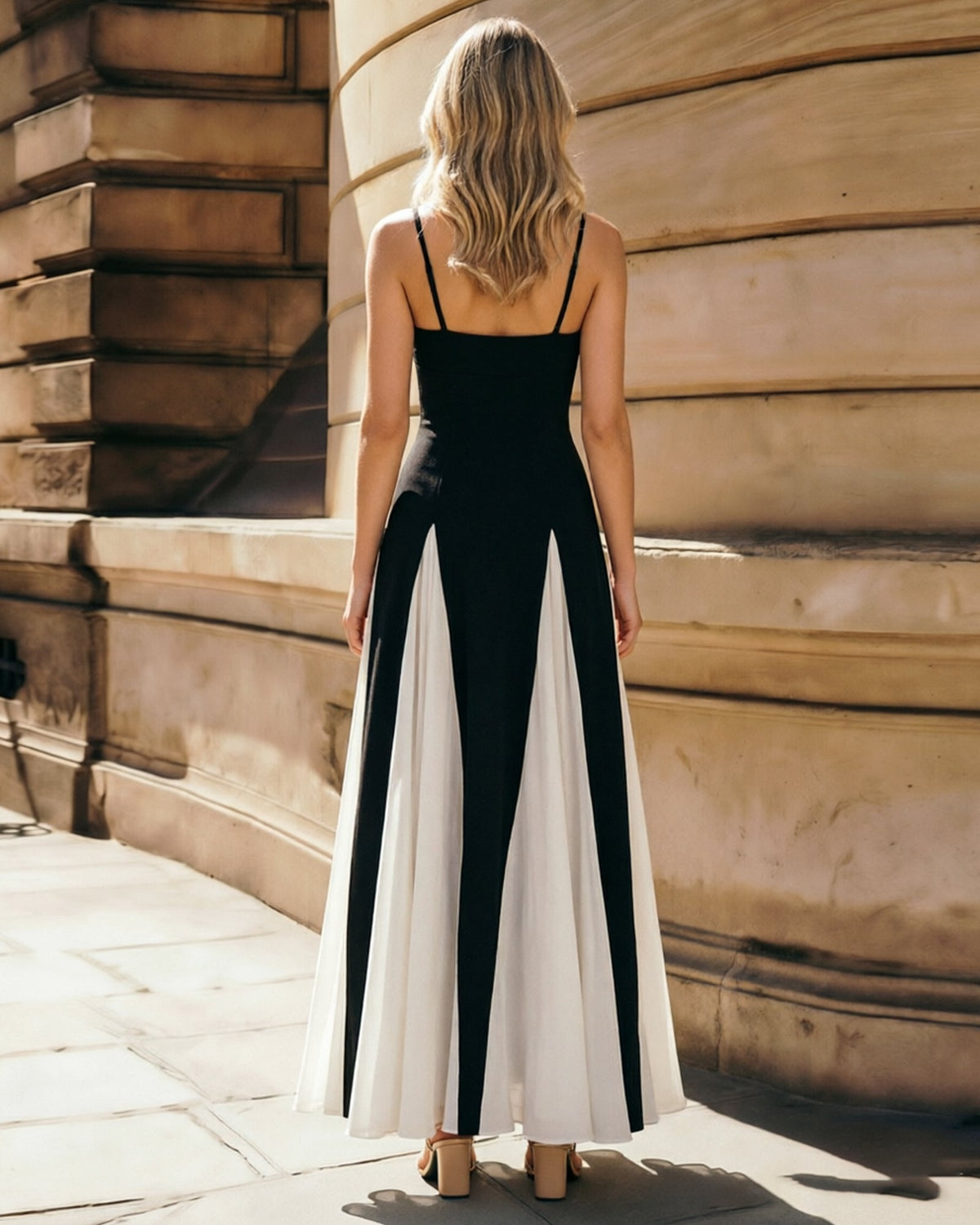 Back view of colorblock spaghetti-strap jumpsuit dress with dark and white panels