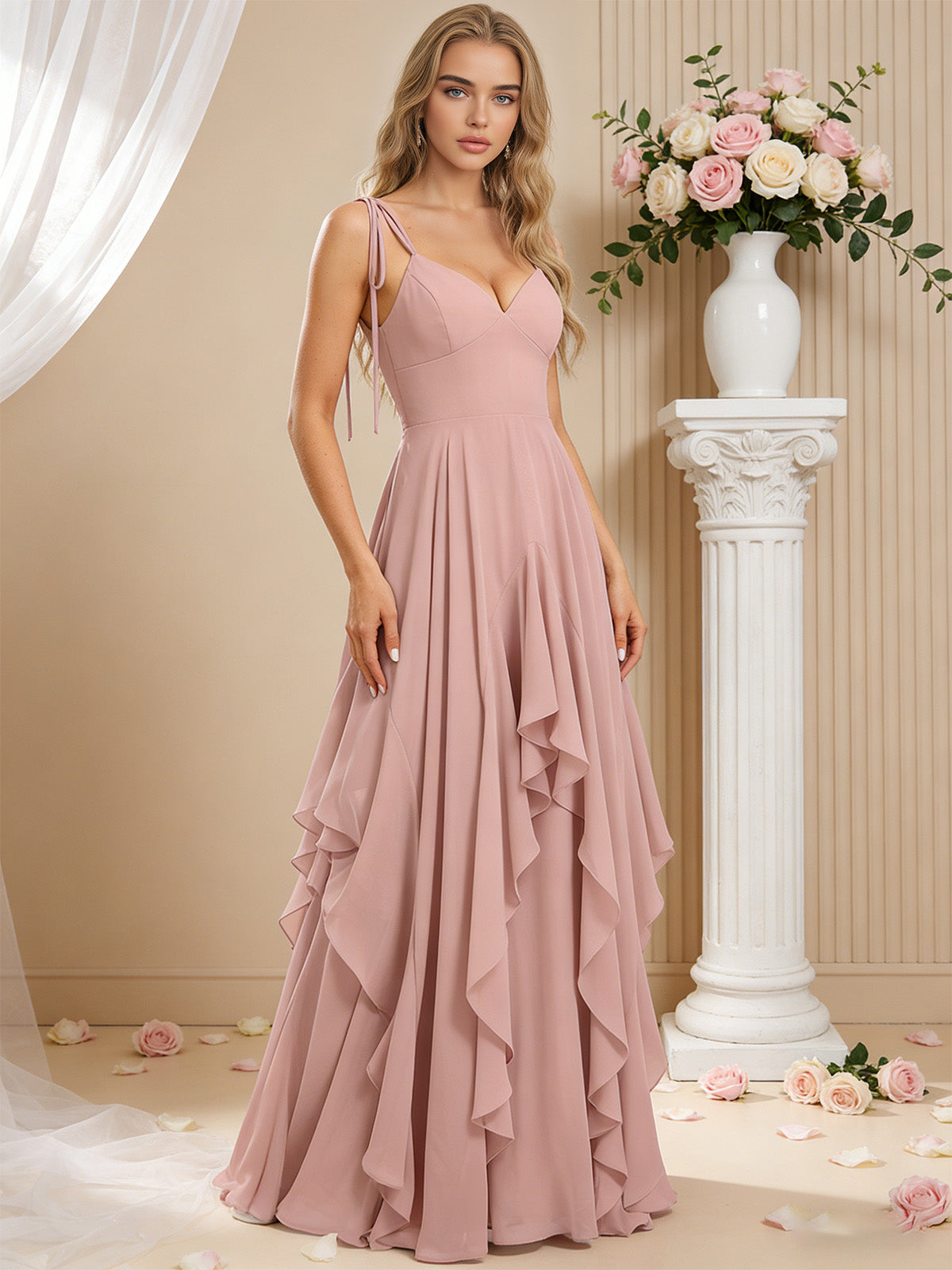 spaghetti strap chiffon bridesmaid dress with cascading ruffle dress - image 3