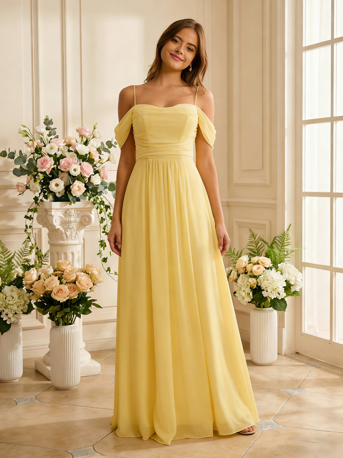 off shoulder chiffon bridesmaid dress with soft pleated bodice - image 2
