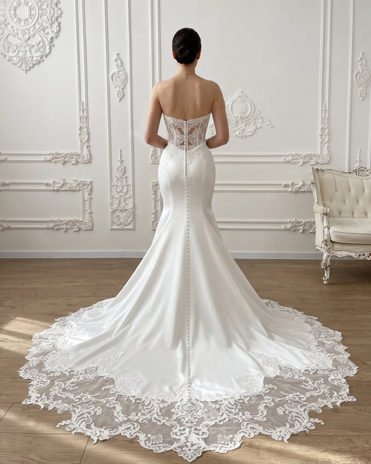 strapless lace mermaid wedding dress with corset bodice and chapel train - image 2