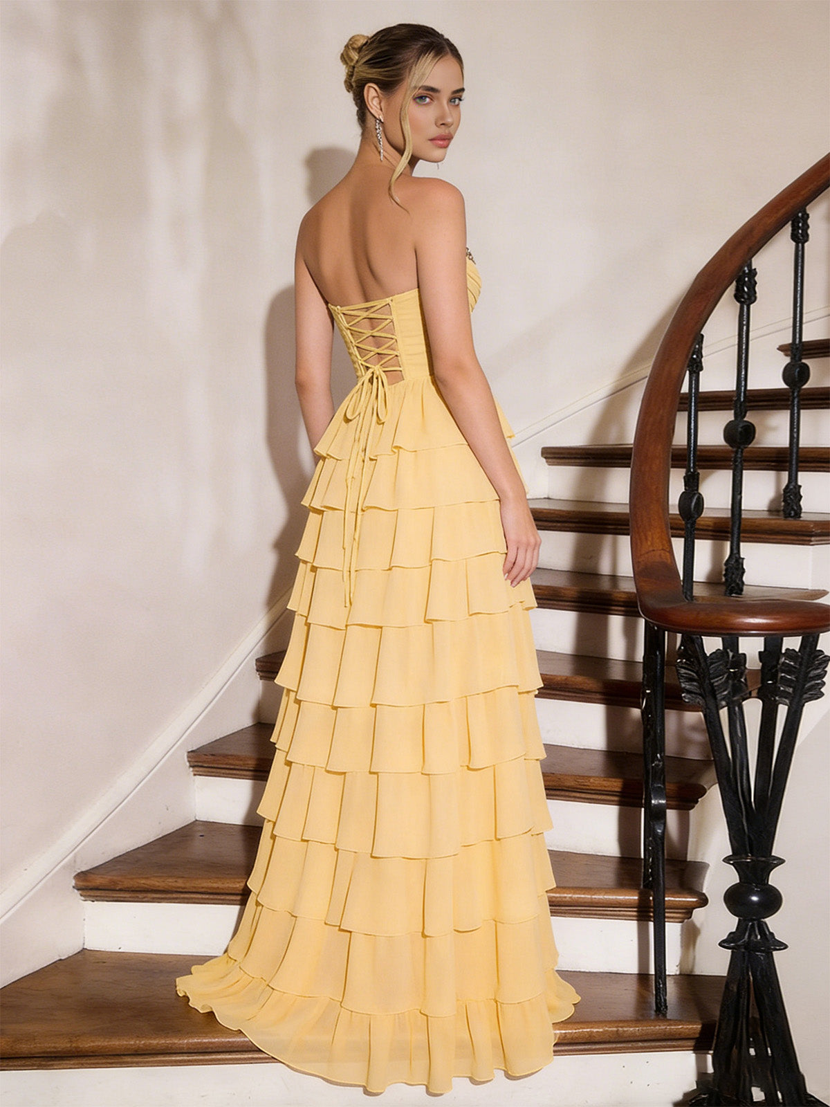 yellow strapless layered tulle prom dress with high low hem - image 2