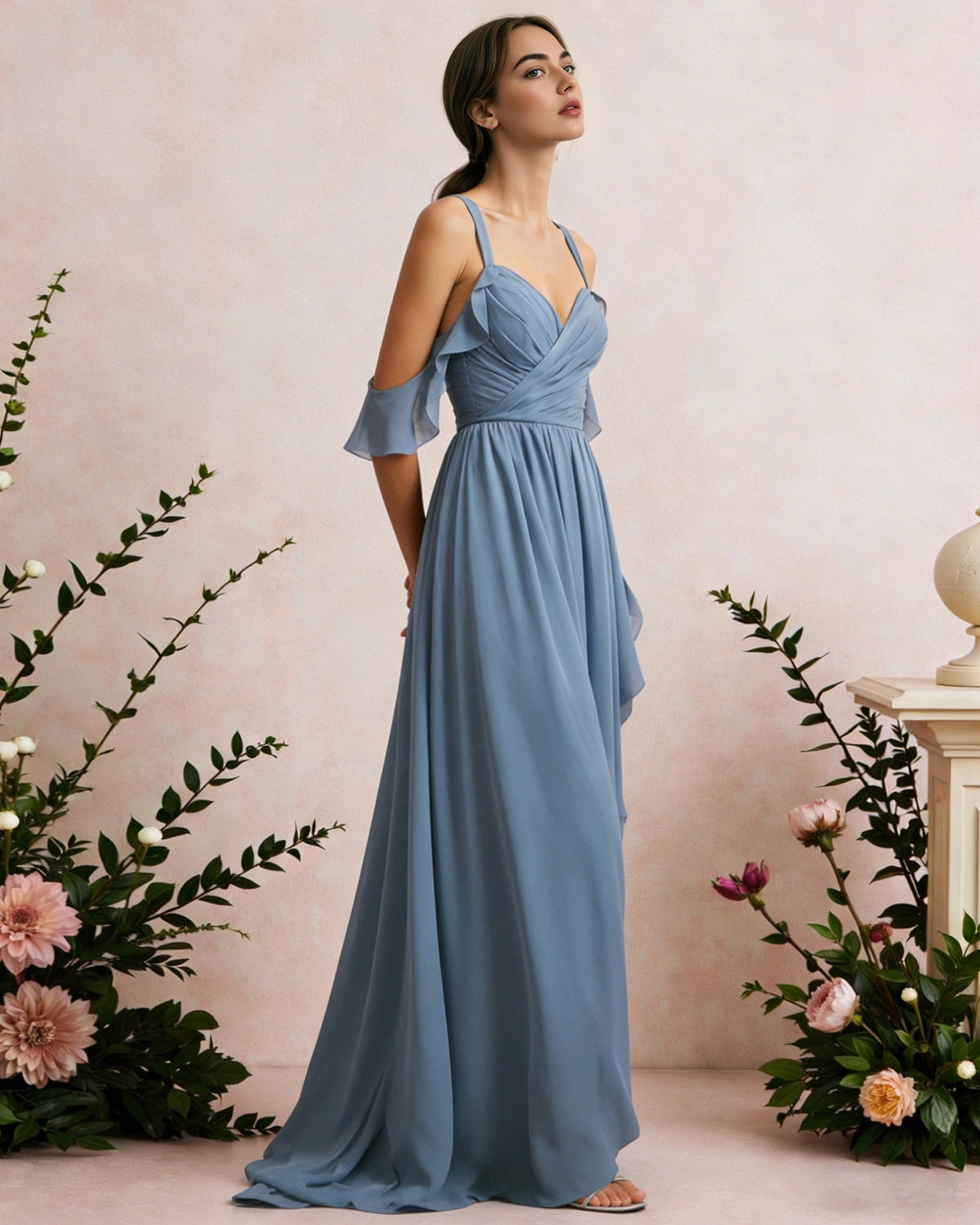 Sky-blue chiffon cold-shoulder maxi dress with draped V-neck, ruched waist, side drape view