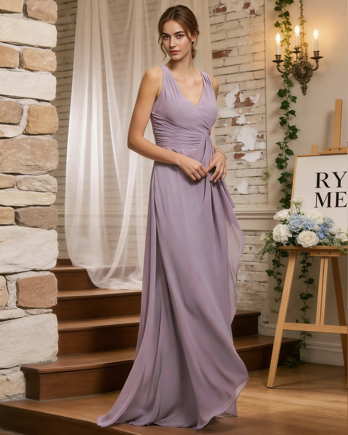 Lilac chiffon bridesmaid dress with halter V-neck and ruched sash waist, draped skirt