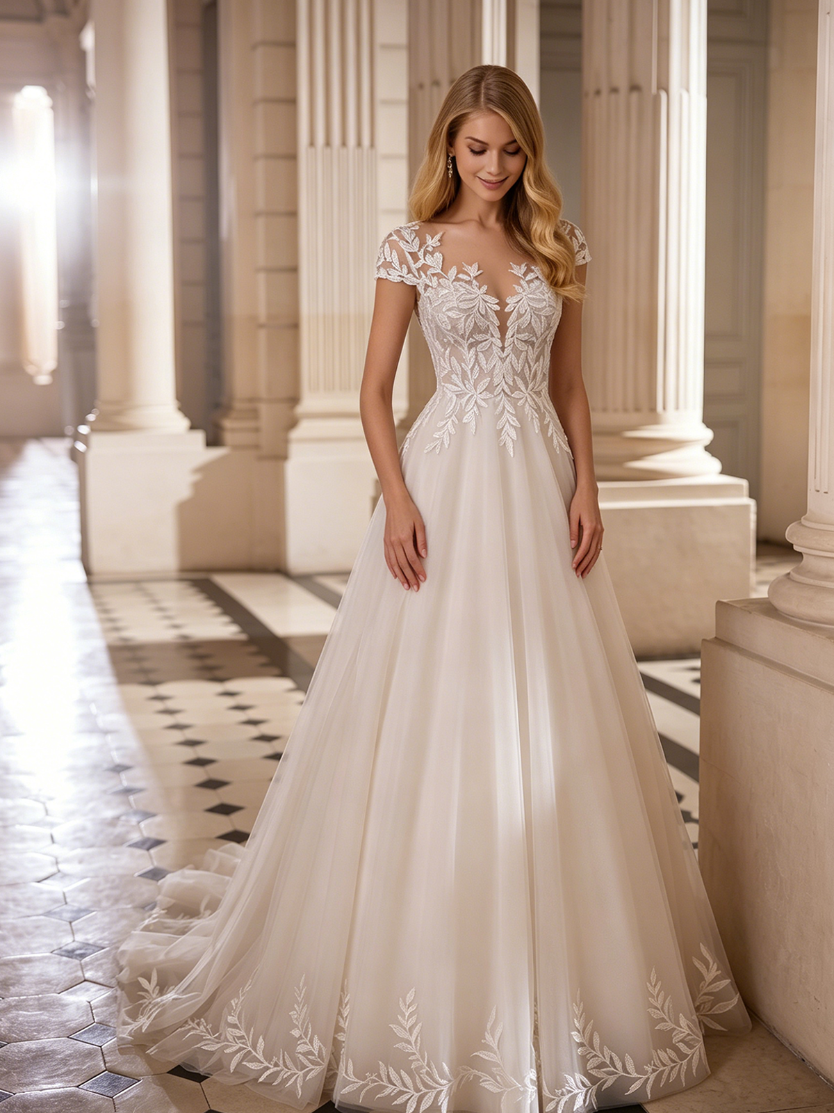 spaghetti strap lace tulle A-line wedding dress with beaded bodice - image 2