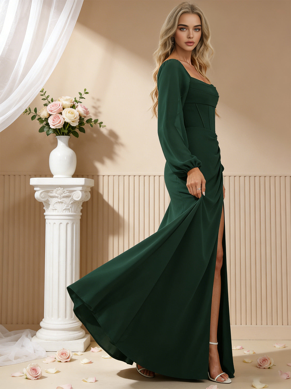 Square-neck satin bridesmaid dress in dark green, side view with long puff sleeves and slit.