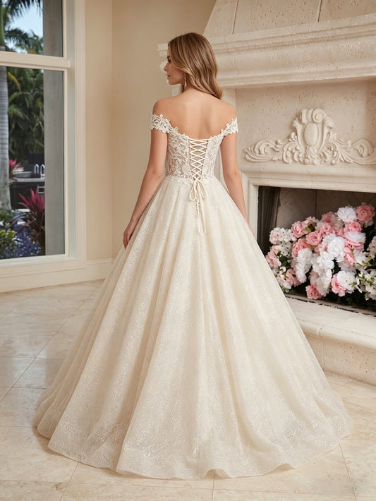 off shoulder lace tulle ball gown wedding dress with sweetheart neckline - image 2