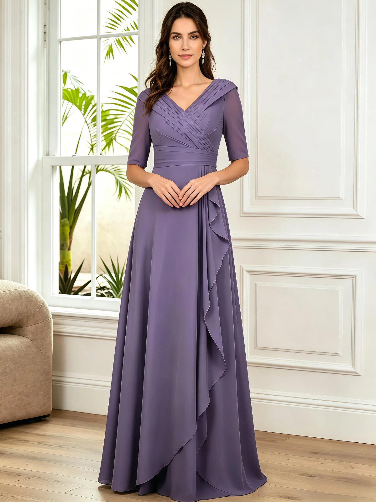 Lilac chiffon V-neck A-line dress with half sleeves and cascading side drape