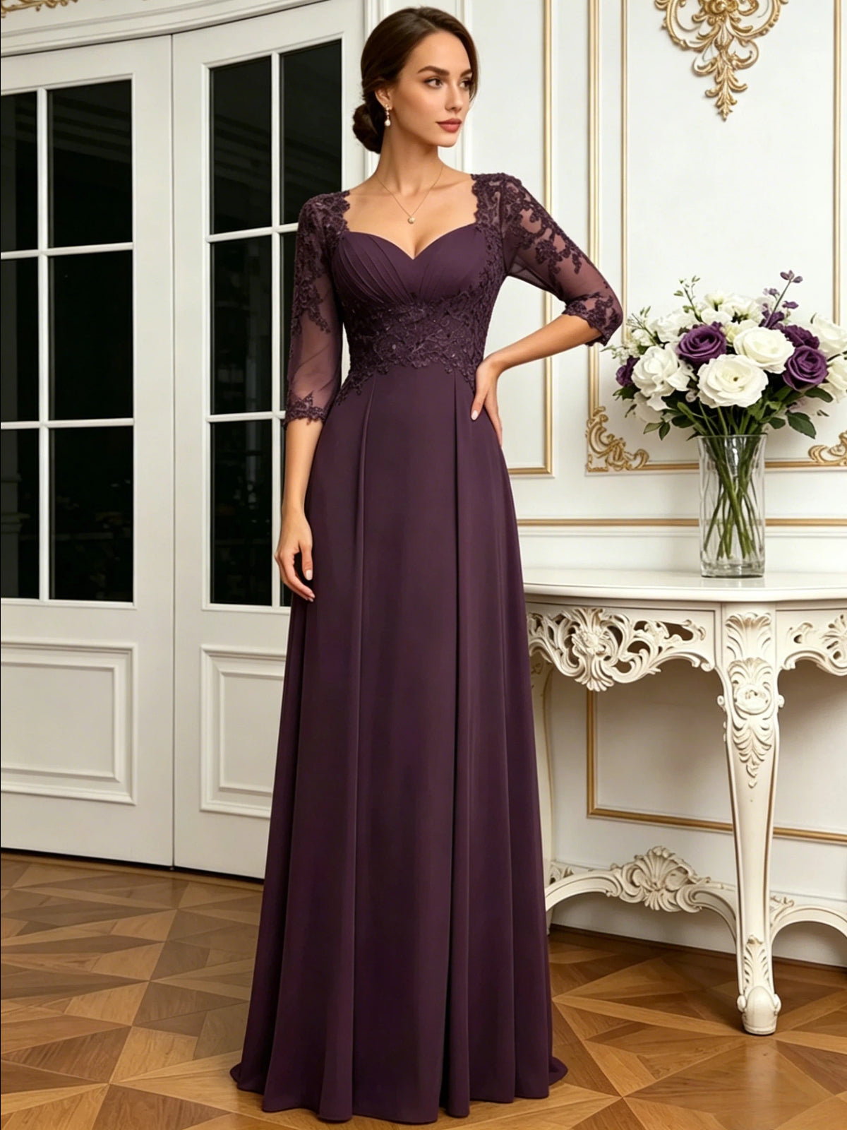 long sweetheart mother of the bride dress with lace jacket, chiffon skirt, and A-line silhouette shown in a formal wedding guest setting