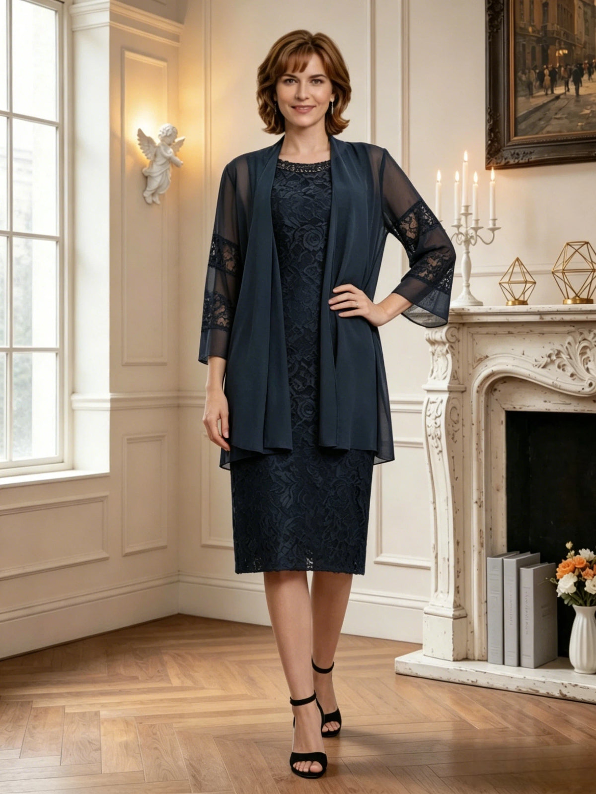 knee length lace mother of the bride dress with matching sheer chiffon jacket front detail highlighting the bodice and flattering silhouette