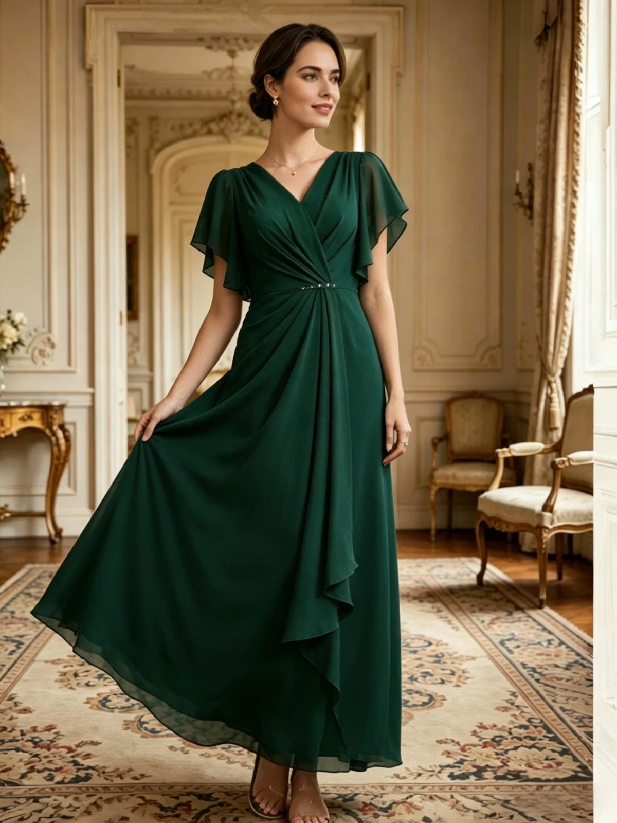 Deep green chiffon A-line mother-of-the-bride dress with V-neck and flutter sleeves, ruffled hem