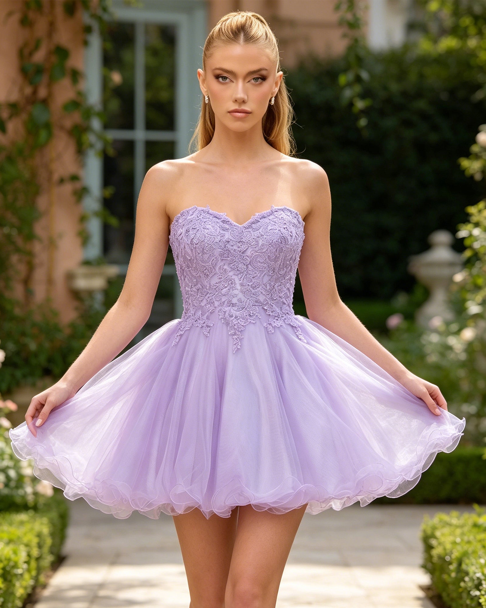 light lilac strapless sweetheart lace tulle A-line homecoming dress - full look