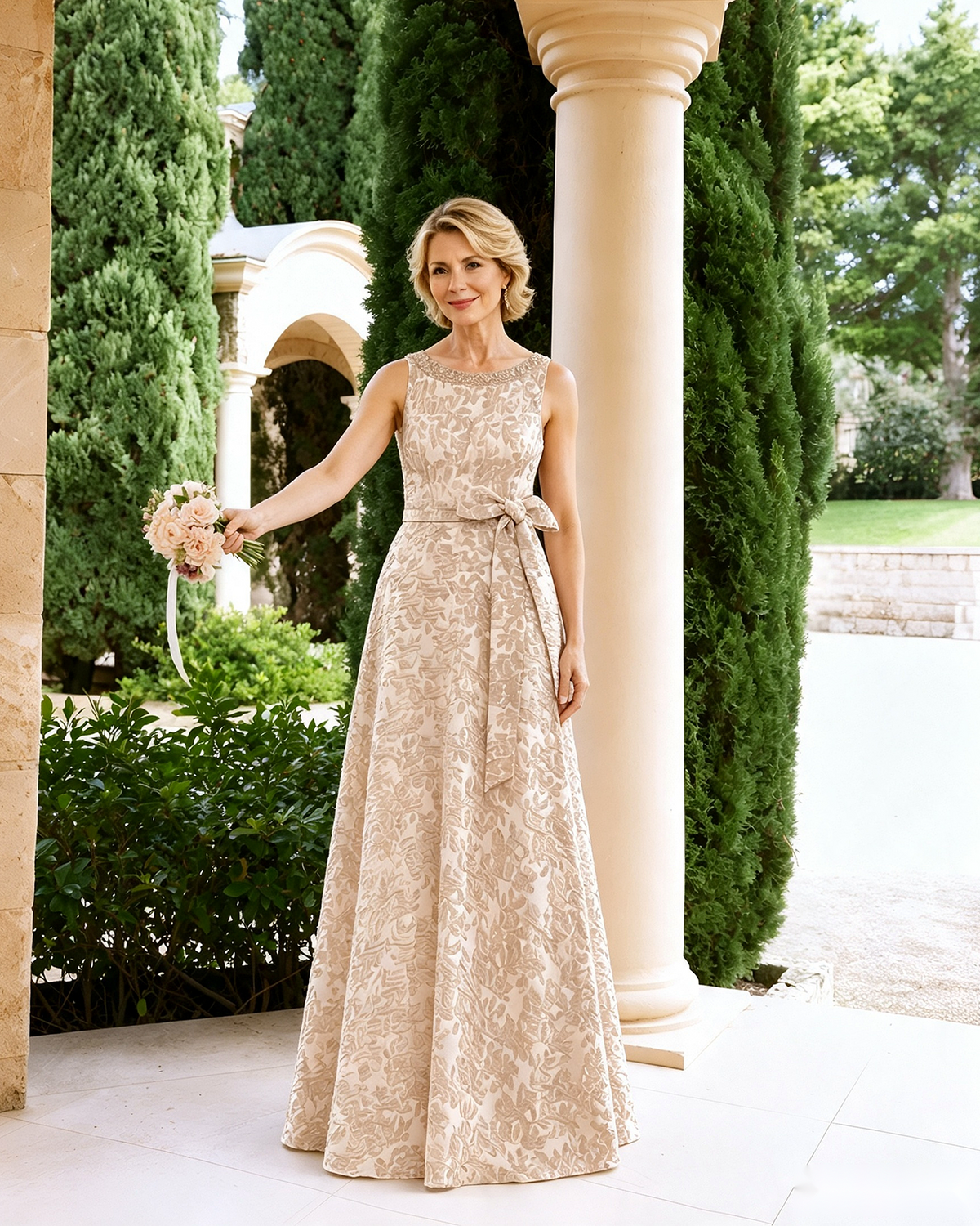 Champagne beige sleeveless lace A-line dress with waist sash bow and sleeveless bodice