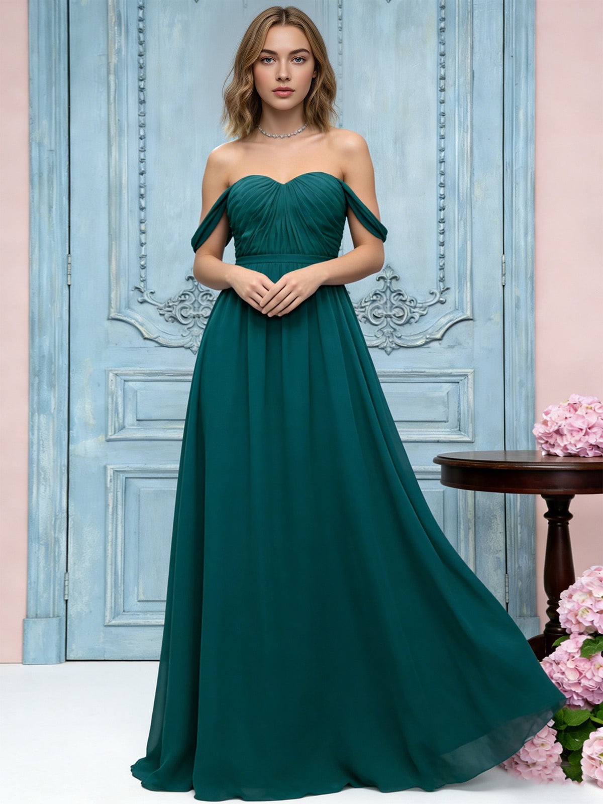 off shoulder sweetheart chiffon bridesmaid dress with ruched bodice - image 4