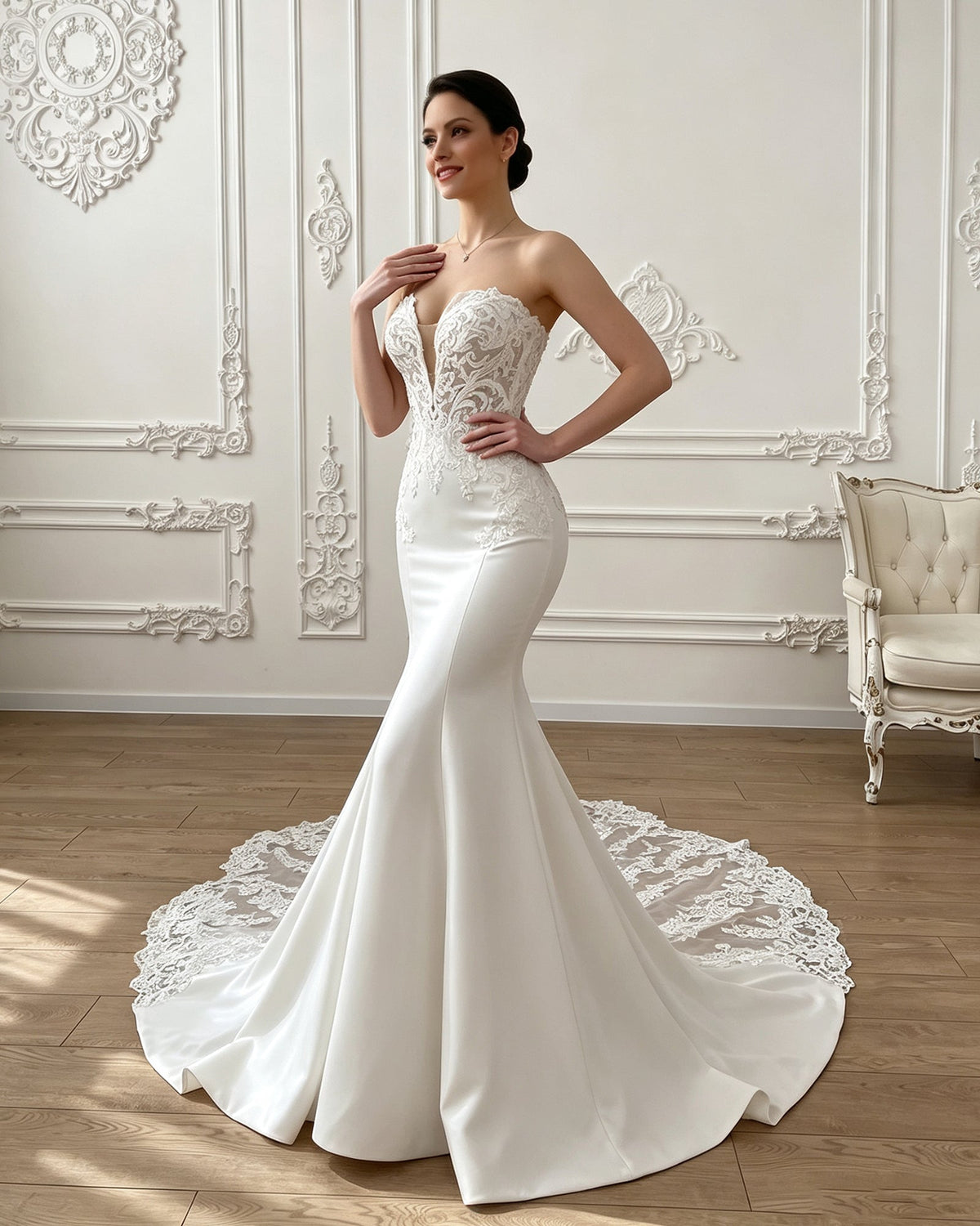 White strapless mermaid wedding dress with corset lace bodice and long chapel train